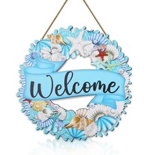 Blue Beach Wreath Front Door Decor, Seashell Starfish Ocean Welcome Wall Deco...
