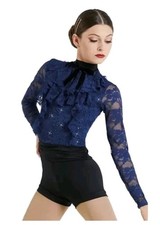 Weissman 12083- Navy Blue Black-Lace Long Sleeve Ruffle Dance Costume- Medium