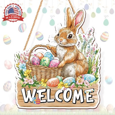 Easter Bunny Welcome Wooden Door Sign, Spring Farmhouse Hanging Rabbit Front Doo