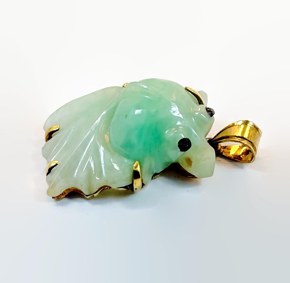 Jade Pendant, Fish, Koi, Green, Yellow Gold, Gold Filled, Carved View 5