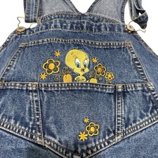 Vintage Y2K 90s Looney Tunes Bib Overalls Shorts 22W Tweety Bird Denim Blue