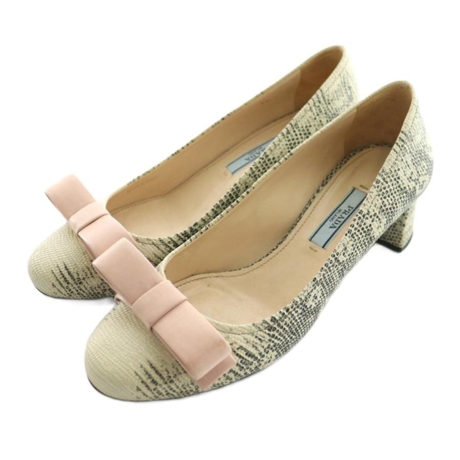 PRADA Python Embossed Ribbon Pumps Off-White Blac… - image 1