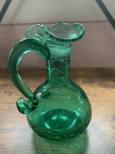 Vintage Rainbow Hand Blown Art Crackle Glass Dark/Hunter Green Mini Pitcher 4.25 - Picture 7 of 15