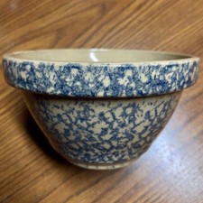 Vtg Blue Spongeware 8" Bowl Stoneware Robinson Ransbottom Roseville Ohio 8 Quart