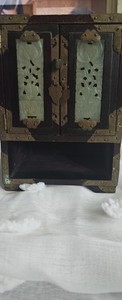 Late Qing Antique Chinese Jewelry Cabinet w/ Jade Panels & Brass, 1880–1920