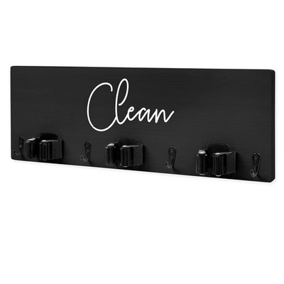 Mop and Broom Holder Wall Mount Black Hanging Wooden Organizer Storage Rack