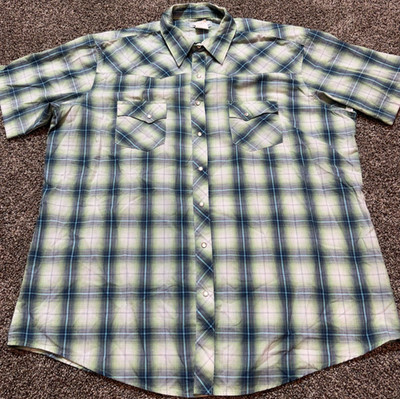 Wrangler Wrancher Mens Button Down Shirt 2XT TALL XXLT Plaid Pearl Snap