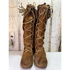 Handmade Women s Knee-High Suede Moccasins Fringe Lace-Up 14 Shaft Tan