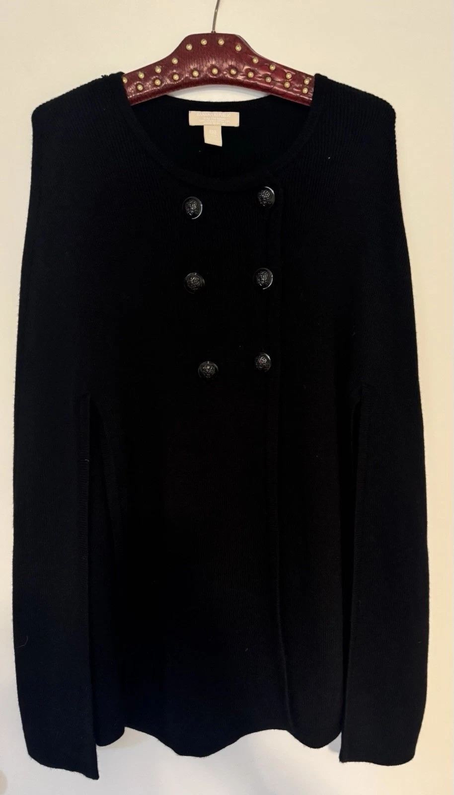 Banana Republic Merino Wool Black Cape Poncho XS/S UK 6–8 Classic Button Wrap