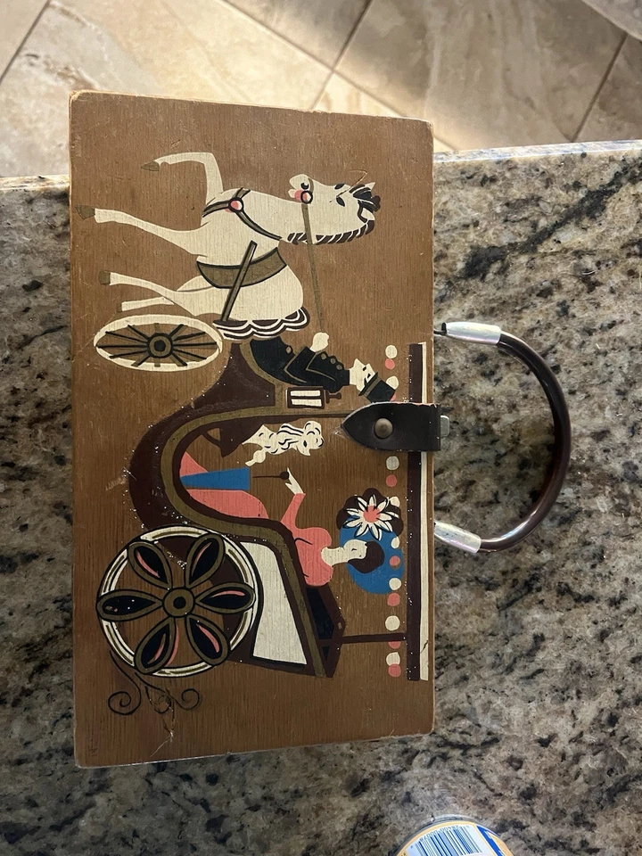 Antiga bolsa de mão de madeira anos 60 Enid Collins Of Texas caixa carruagem comércio cavalo - Imagem 2 de 4