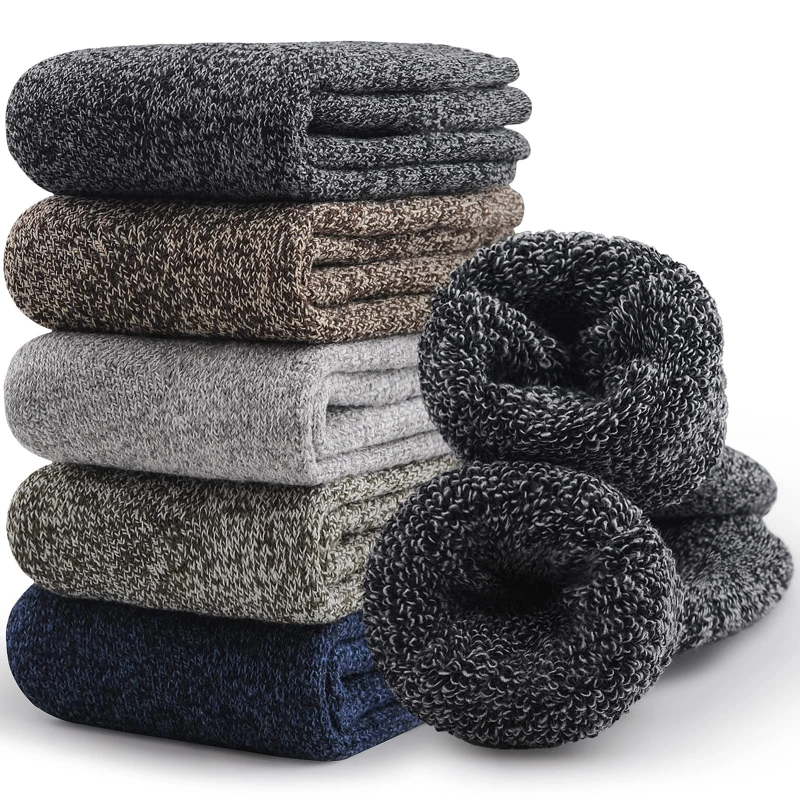 Merino Wool Socks for Men - Thick Winter Hiking Crew Socks, 5 Pairs