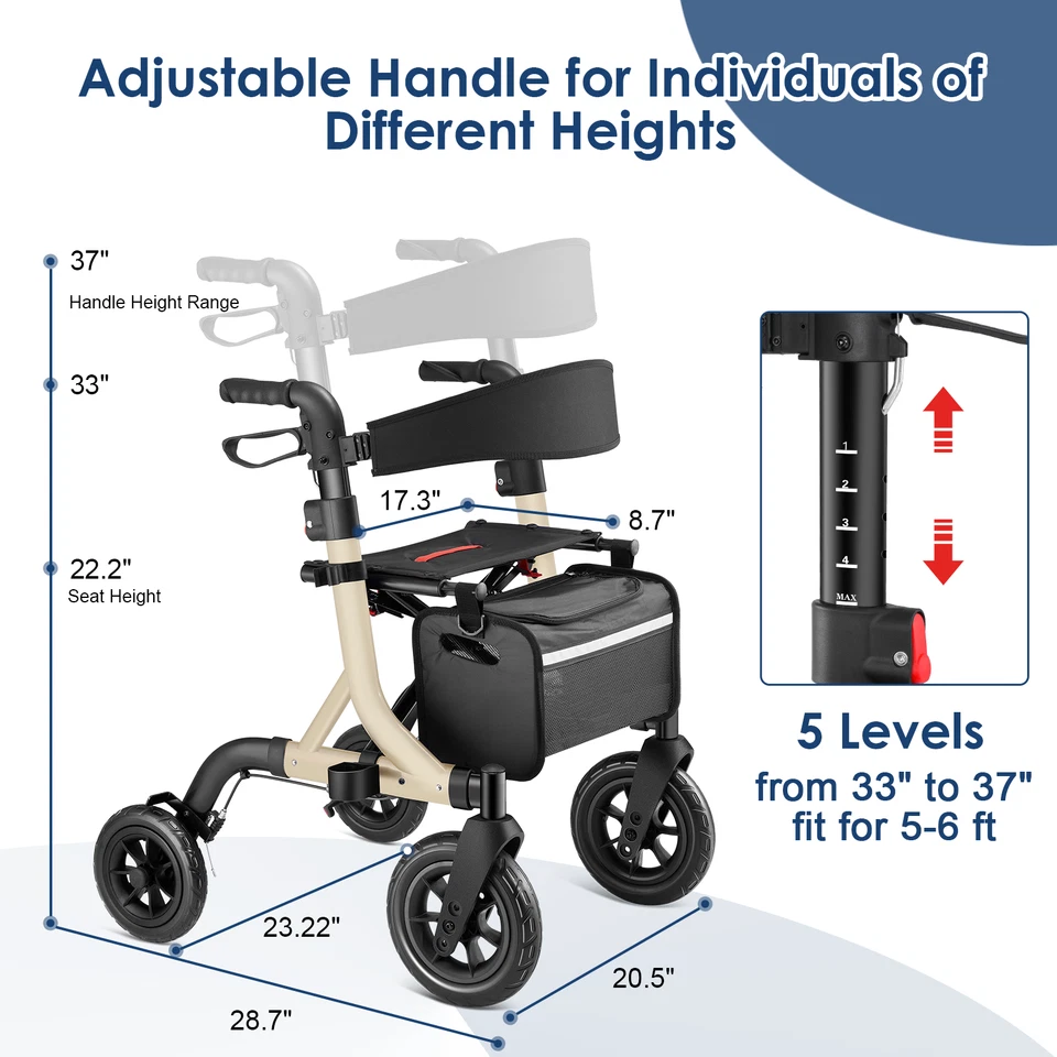 All-Terrain Rollator Walker 10" Rubber Wheels Foldable Walker w/ Padded Seat cup - Изображение 2 из 4