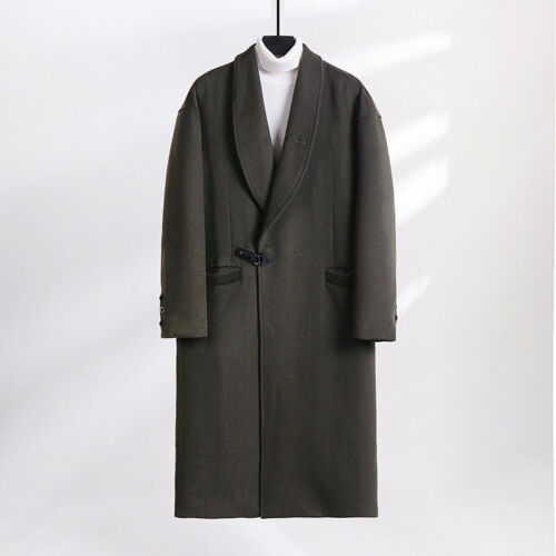 Mens Lapel Collar Mid Long Trench Coat Overcoat Over Knee Length Wool Blend Size - Picture 1 of 29