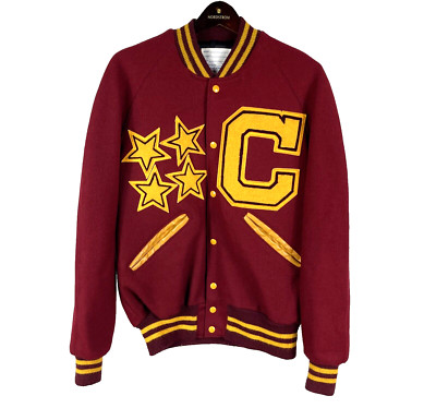 DeLong Snap Button Wool Leather Varsity High School Vintage Jacket 38 Long Red