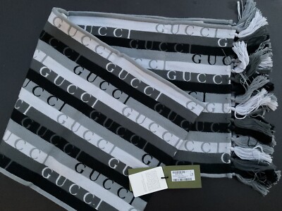 GUCCI striped Wool Scarf Shawl White Gray Black