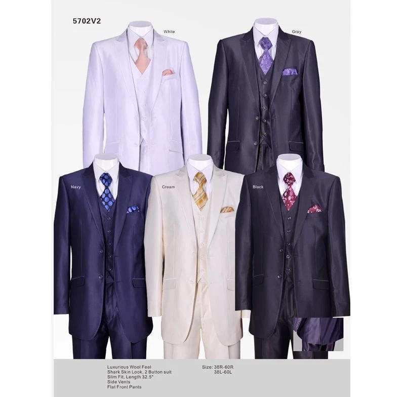 Men's 2 Button Solid Wool Feel Sharkskin Slim Fit Suits With Vest & Pants 5702V2 - Image 2 of 4