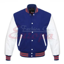 New Men Blue Wool Varsity Bomber Baseball Jacket White Real Leather Sleeves