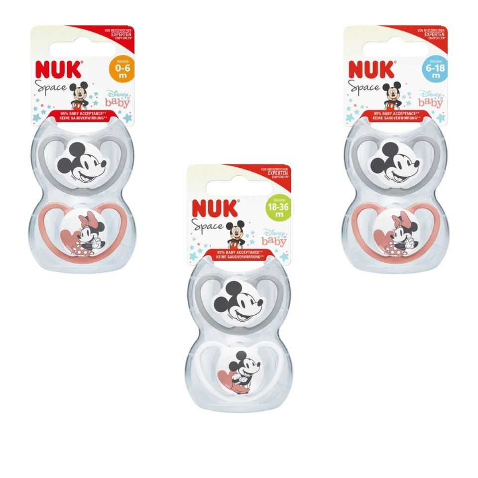 NUK Space Baby Dummy Mickey Mouse Silicon Soothers, BPA-Free 2 Count