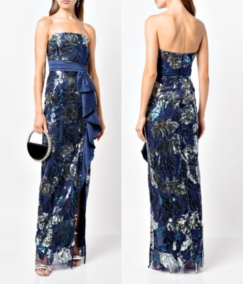 Marchesa Notte Navy & Silver Sequin Mikado Bow Gown With Deep Slit sz 6  $995 | eBay