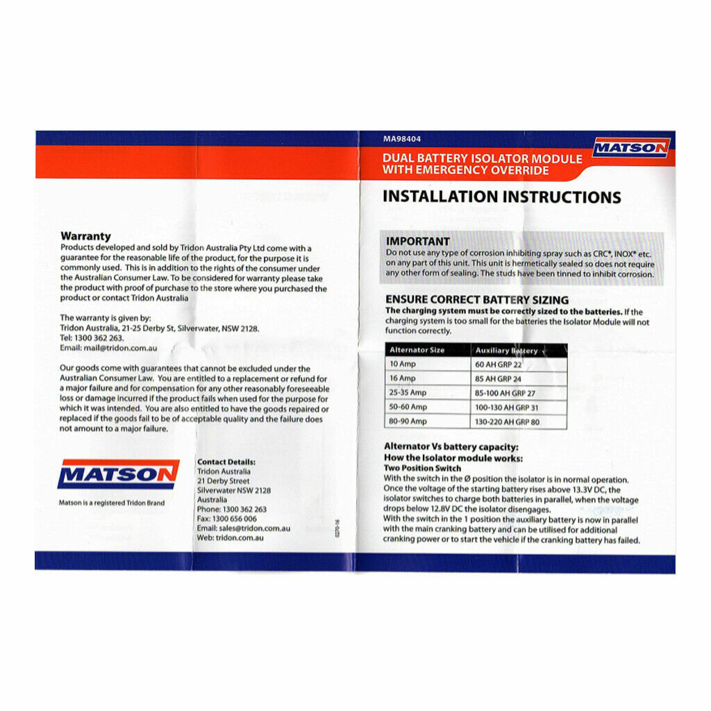 Matson Dual Battery Isolator ( VSR ) 12 volt 140 amp with Override Switch |  eBay
