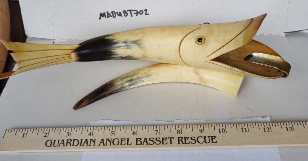 Vintage Souvenir Horn Carved Fish Folkart Ashtray Cigar Holder