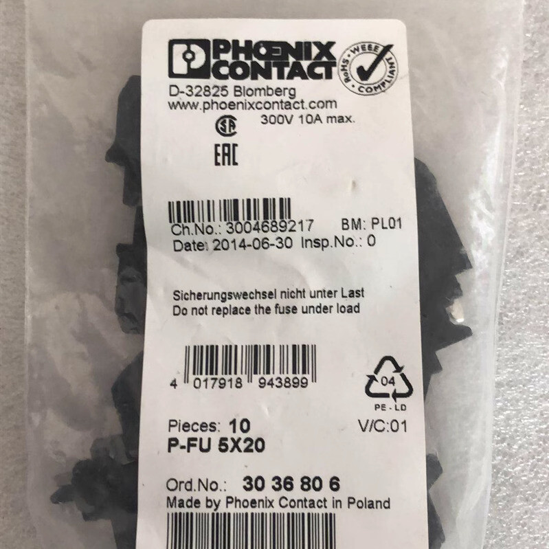 10Pcs/Bag New For PHOENIX CONTACT Fuse plug P-FU 5X20 3036806