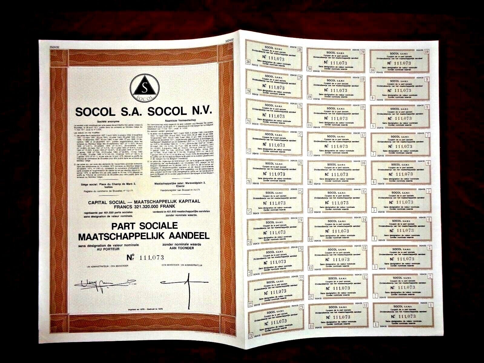 Certificado de acciones Socol SA Bélgica 1978