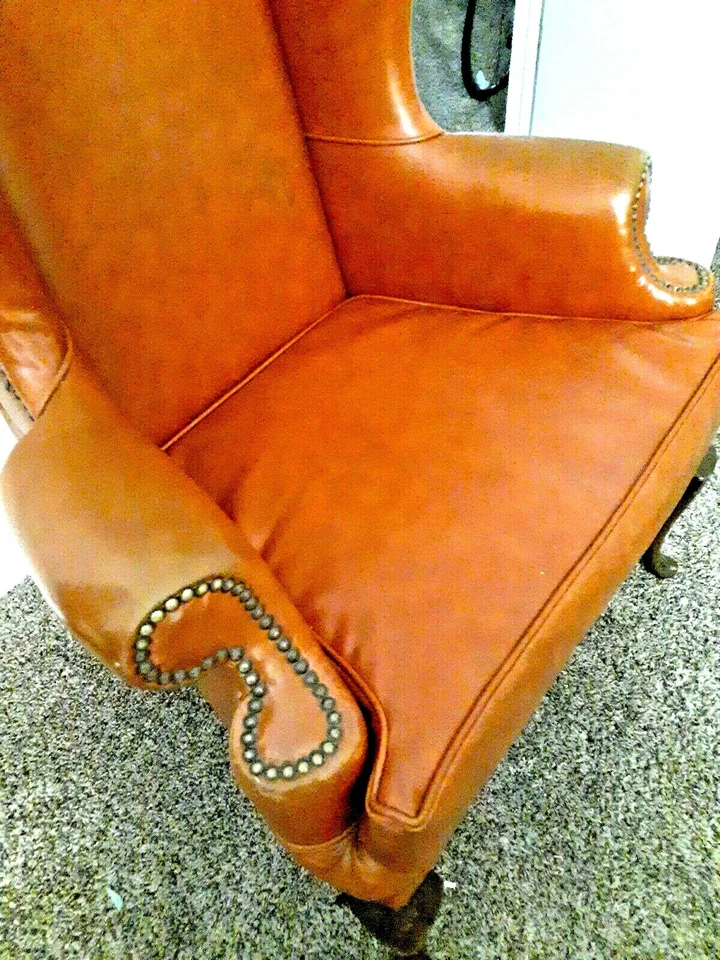 Silla de cuero antigua Queen Anne Marie respaldo alto naranja años 20 cuero Foto 2 de 2