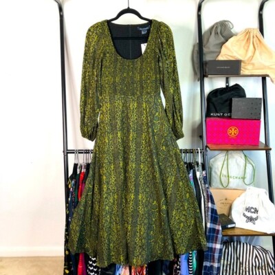 French Connection Audrey Smocked Hawthorn Green Burnout Python Dress