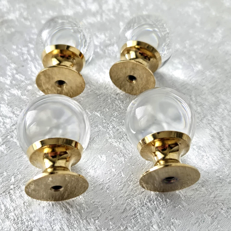 Juego de 4 tiradores de gabinete/cajón de latón vintage de vidrio transparente con Foto 3 de 3