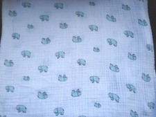 Infant Toddler Cotton Muslin Blanket White Aqua Elephant Print 42" x 44"