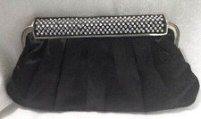 Vtg Satin Black Clutch Evening Bag Purse Rhinestones Wide Hingelock - Bling 
