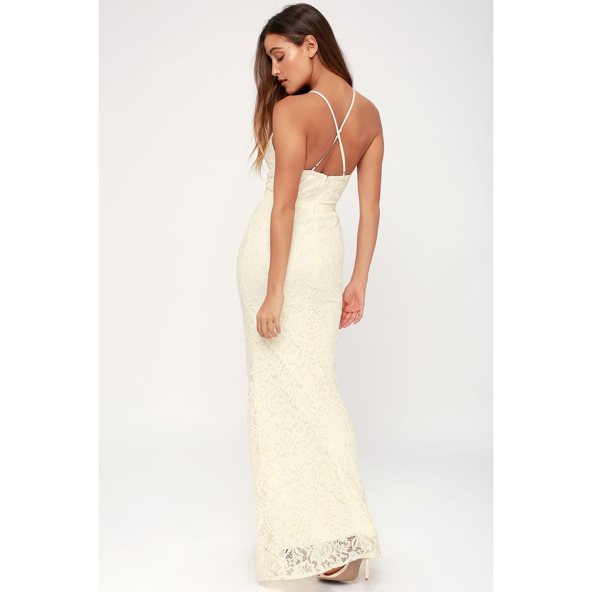 Lulus Zenith Cream Lace Maxi Dress Formal Wedding Gown Size XS Scalloped  Bodice | eBay