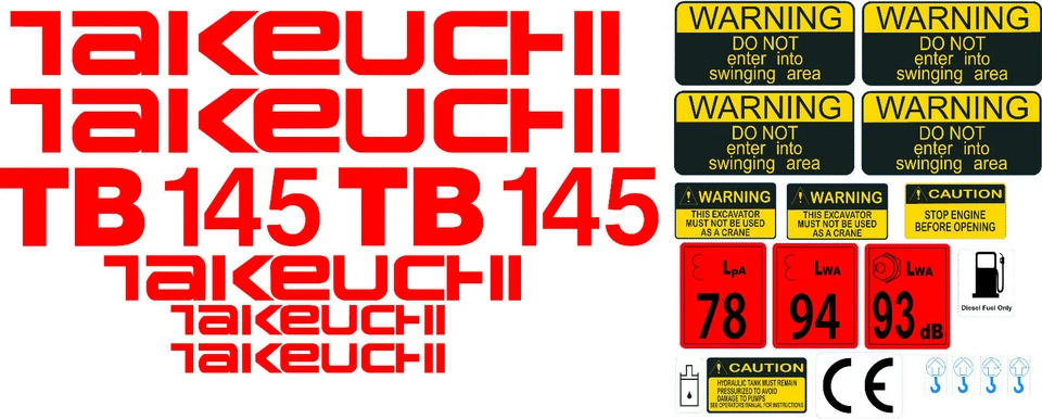 TAKEUCHI TB145 MINI DIGGER COMPLETE DECAL SET WITH SAFETY WARNING SIGNS - image 1 of 1