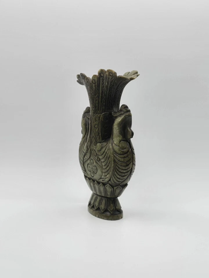 Jarrón antiguo de piedra verde tallado a mano de 7,25" con pájaros fénix dobles dinastía Foto 4 de 4