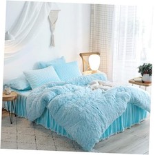 Fluffy Comforter Cover Set - Faux Fur Light Bed Comforter Cover Set 1 Twin Blue