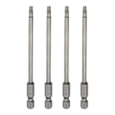 4pcs T15 Torx Head Screwdriver Bit 1/4'' Hex Shank 4'' Long Magnetic No Hole Tip
