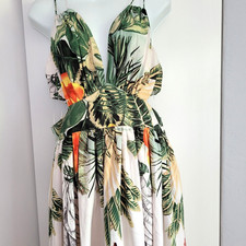 Fashion Nova Maxi Dress Tropical Leaf Hibiscus Print Leg Slit Cutout Resort Wear