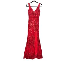 MISS ORD V-Neck Red Sequin Leg Slit Maxi Dress SZ Medium Prom Wedding Formal