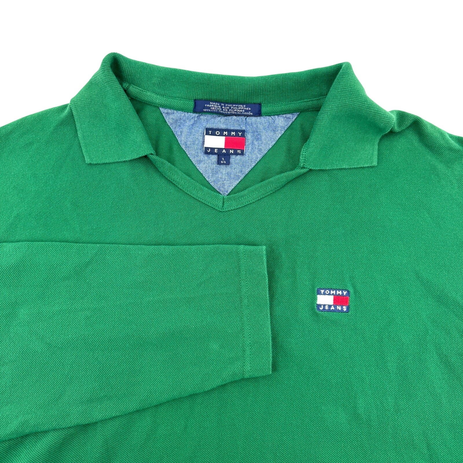 's Tommy Jeans Long Sleeve V-neck Green Shirt Y2k-large
