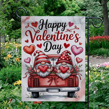 Happy Valentine's Day Garden Flag Gnome Couple Red Truck Hearts Yard Decor