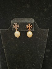 Tory Burch Logo Moondance Rose Gold Pearl Drop Earrings