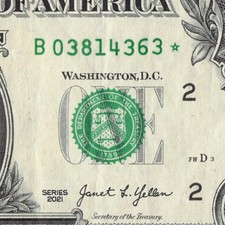 Series 2021 Star Note B New York 3.2M Pack Note $1 Dollar Bill B03814363*