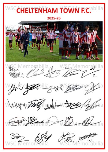12270. 2025-26 Cheltenham Town Signed Team Sheet (PRINTED AUTOGRAPH - A4)