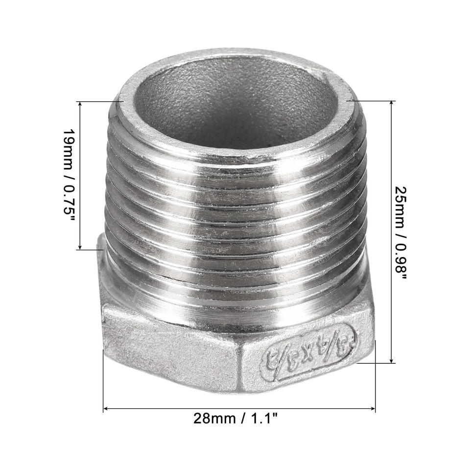 2pcs Hex Bushing 3/4 PT Male to 3/8 PT Female Pipe Fitting Reducer Adapter Foto 2 de 4