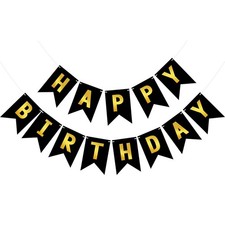 Happy Birthday Banner Black and Gold Party Decorations Wall Sign Garland