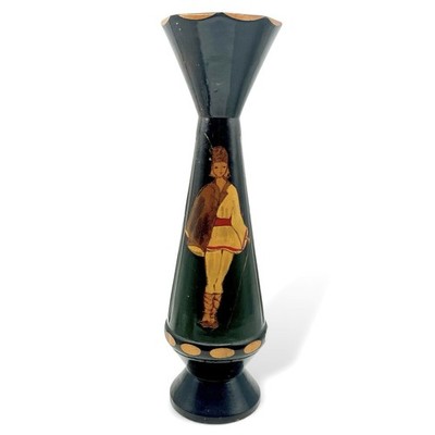 Old Wooden Spindle Vase Hand Carved Lacquered Folk Art Folklore Lady Must C! EUC