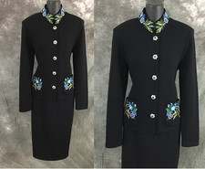 BEAUTIFUL St John evening knit black blue rhinestones embellished skirt suit 6 8