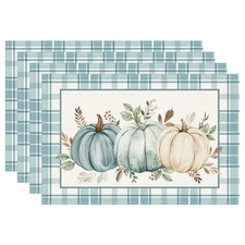 Pumpkins Eucalyptus Leaves Fall Placemats Set of 4, 12x18 Inch Blue Buffalo P...