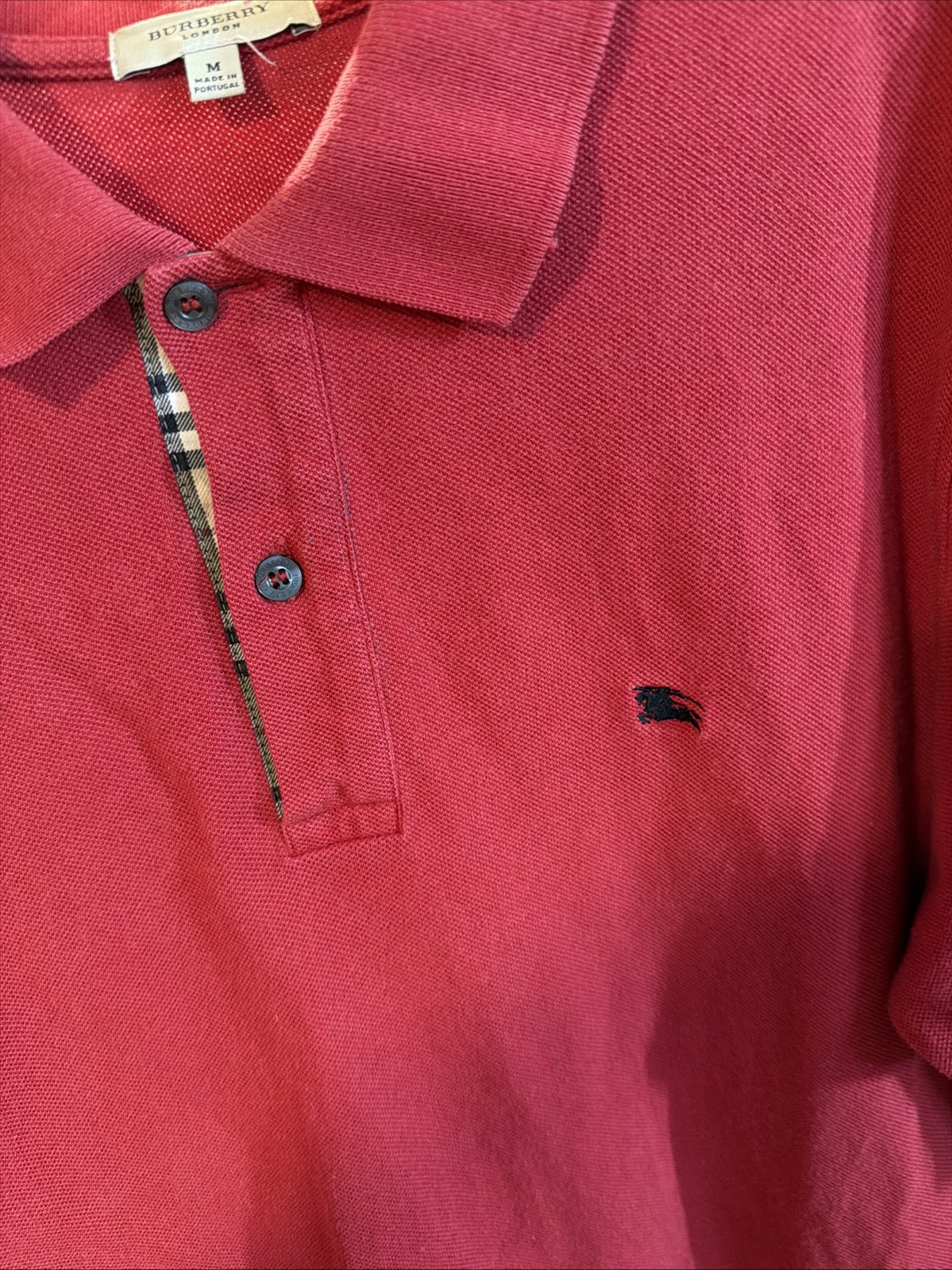 Burberry London Embroidered Logo Plaid Print Polo Shirt Red Size Medium Faded thumbnail 4